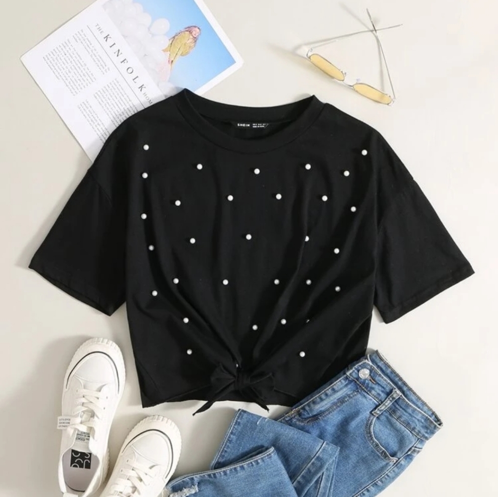 Crop pearls detail tie tee